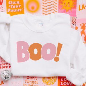 Boo! Bubble Burst Pink and Orange Halloween White Sweatshirt